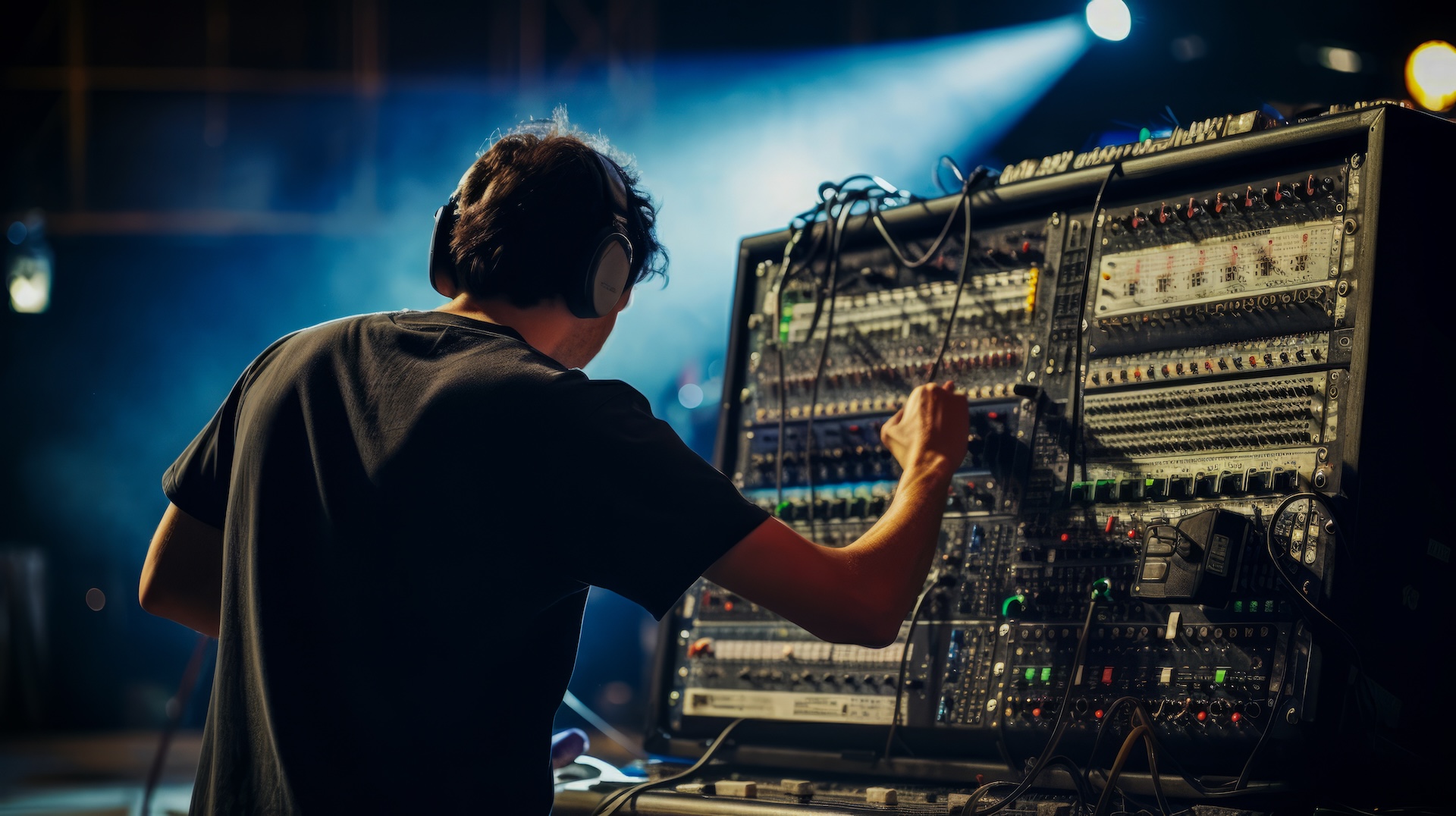 Sound engineer fine-tuning audio equipment prior to concert
