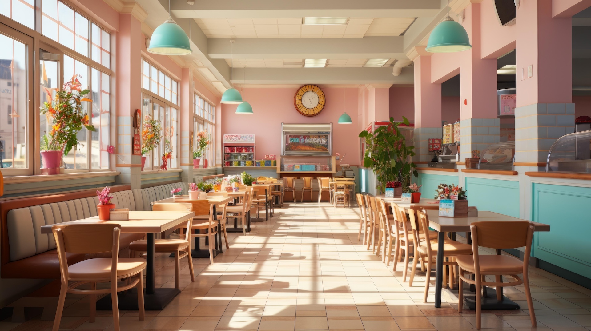Pink Retro Quick Service Restaurant Interior With Large Windows