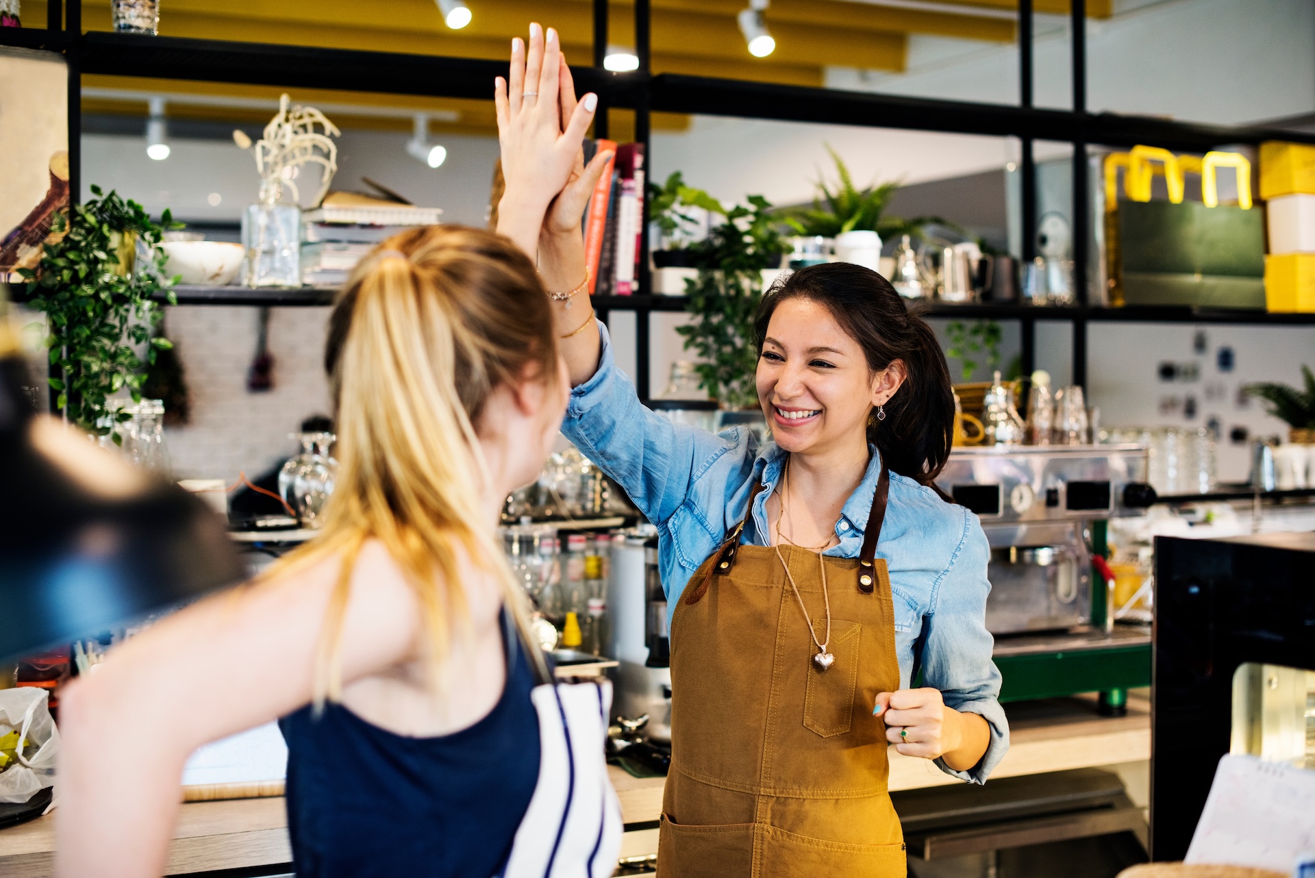 Women give a high five to each other because of business functions