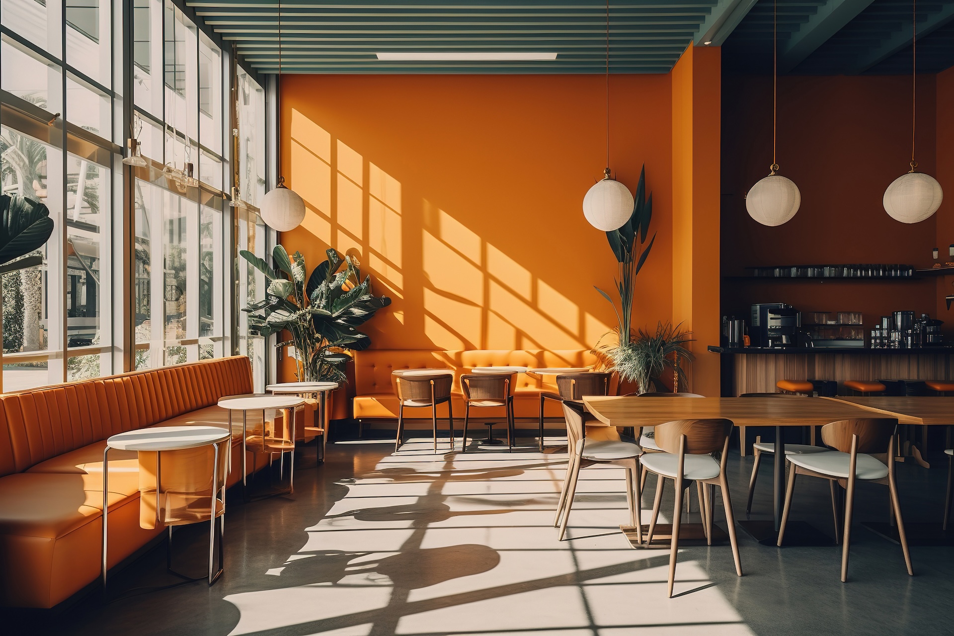 mini restaurant with trendy 70s interior design